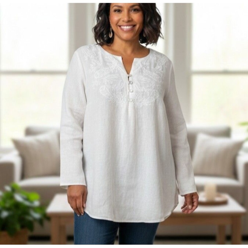Cynthia Rowley Size 1X Blouse 100% Linen Embroidered Coastal Grandma Boho Chic